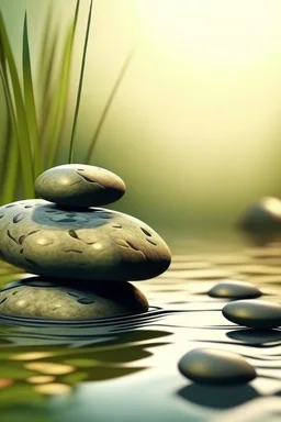 delicate background with spa stones and a bamboo stem, on a blurred background on the stones, abstract silhouette meditation, photorealistic photo