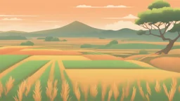 Rice field，Trees，Warm color palette，Animation，A lovely grasshopper，Top of the hill