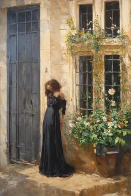 Night, one woman, ancient house, vegetations, flowers, metal gate, dirt, horror gothic films influence, hyperrealism, charles leickert, and anna boch paintings