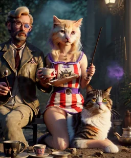 Ultra realistic afternoon photo, happy couple, blonde Alice woman and purple cat smoking a pipe, circus blue dress style, black headband with bow, old school body tattoo, smoke, marihuana garden, glow eyes, perfect iris, soft color, highly detailed, unreal engine 5, ray tracing, RTX, lumen lighting, ultra detail, volumetric lighting, high definition.