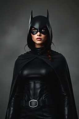 a sad looking superhero women wearing all black with a cape