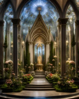 Miniature cathedral inside a transparent glass parabolic box, a world of flowers, plants, fountains and water features, historical, fantasy, mythical, gentle, symmetry, detailed and beautiful composition, totally symmetrical, halo lighting and chiaroscuro, clarity and precision. The flower planet in this image appears to be a baroque world, with ornate spiral patterns and intricate designs. Award-winning photograph.