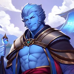 dungeons and dragons male cloud giant with blue skin and japanese clothing
