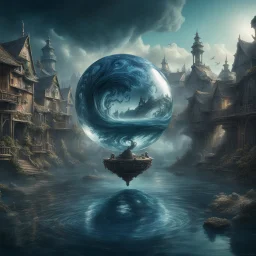 A translucent navy blue and glass platinum spooky smoke sphere filled with swirly ocean waves and a old village harbour, levitating in front of a humongous pond in an deoglu, Gustave Doré, detailed matte painting, deep color, fantastical, intricate detail, complementary colors, fantasy concept art, 8k resolutiosert oasis on dry dusty earth. wide view,