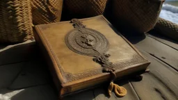 1 singular Book lying with a cover on table the cover depicting a woman on the beach, medieval grimoire, no people, no cluter