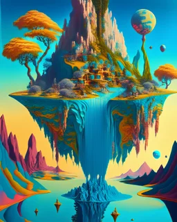 a surreal landscape with floating islands and waterfalls, in the style of Salvador Dali, Max Ernst, and Rene Magritte, dreamlike and otherworldly, intricate details, vibrant colors, 16k resolution