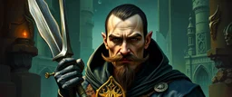 holy paladin assassin, oil paint and airbrush, upper body portrait of clever crow vintage mustache assassin man with Damascus steel sacrificial scepter in then elven magical green city of Forgotten Realms, myth drannor