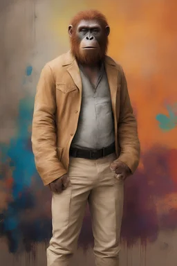 Doctor Zaius the orangutan from Planet of the Apes wearing a clean, thigh-length auburn-tan jacket, cream colored t-shirt, light auburn-tan khaki trousers and black slip-ons - extremely colorful, multicolored paint splattered wall in the background, oil painting by Leonardo da Vinci