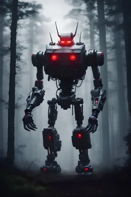 ROBOT MINACCIOSO CON GLI OCCHI ROSSI,PRONTO AD UCCIDERE, IN UN ATMOSFERA OSCURA CON UN BACKGROUND DI UNA FORESTA CON DELLA NEBBIA FATTO IN 4K