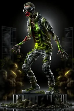 In a sleek, industrial studio setting, a photorealistic 12k ultra-high-definition rendering of a zombie model is captured in a mysterious pose. The zombie, adorned in a shirt made from elephant skin, pants are short ripped skinny pants, shoes are Crocs from elephant skin, thick soles with rollerblades,exudes a sinister aura under the studio's dark and mysterious lighting, creating an unsettling juxtaposition of the undead and the avant-garde."