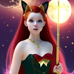 Attractive teenage girl with red hair with golden highlights, who is dressed like a witch casting a spell with a quarterstaff on the moon, she has cat ears, the moon is a solar eclipse, green eyes looking at the moon, background is realistic space, the girl is on a planet, goth girl dress, full body portrait, arm colors gradient effect into stars, rendered, unity 3d, unreal engine, dslr, hdr, 4k, edited, photorealistic, normal number of appendages, freckles, artists rendered