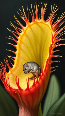 Bosch style painting , 3D Venus flytrap, Dionaea muscipula, showing its trigger hairs. Trapping a mouse