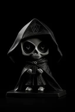 funko skeleton in a black hooded cloak drawn in a retro mascot style, inside a light diamond shape on a black background, monochromatic