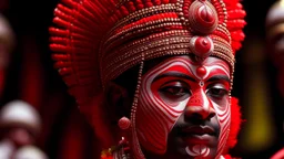 A detailed close-up of a Theyyam performance in Taliparamba, showcasing the elaborate costumes, face paint, and ritualistic movements of the performers.