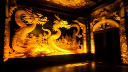 A yellow palace with glowing light dragons designed in Javanese shadow puppets painted by Vincent van Gogh