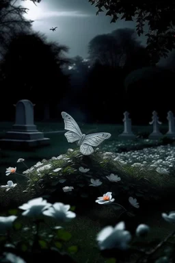 Beautiful Butterfly flying out of the graveyard The graveyard is dark but the butterfly is A glowing, soft white