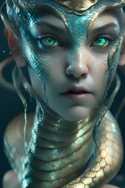 Aquatic Fairy female snake ,octane render, 8k, high detail, android, portrait, metallic