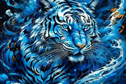 majestic blue tiger, blue black white, liquid, ink, splatter, splash, by James Jean and Arthur Rackham, masterpiece | centered | intricately detailed 8k resolution maximalist | liquid fluid painting, watercolor art, calligraphy, action painting, complex, fantastical, dramatic flow, vibrant brush strokes horrific horror creepy fire angry violent