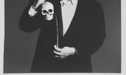 man in black holding a skull in one hand