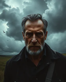 Bosch painting style, nightmare , a handsome mid age man ,great quality picture with cinematic scenes , heavy clouds in the background