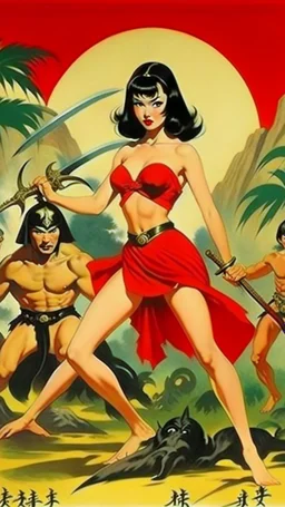 Betty Page art from japanese style 1900 movie. Ninjas james bond