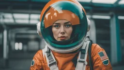 tangerine tango and ultramarine green color blocking, (sci-fi aesthetic:1.4), bright instagram LUT, shot of a (Danish 20 yo woman:1.2) retro-futuristic cosmonaut with a shy smile wearing a glass dome helmet and spacesuit with harness (with futuristic power plant in the background:1.2), skindentation, hourglass figure, waist cincher, on alien landscape with its surface covered in impact craters, valleys, plains and mountains, grey dust, a heavy rain storm, at sunrise, geometric gradients, sci-fi,