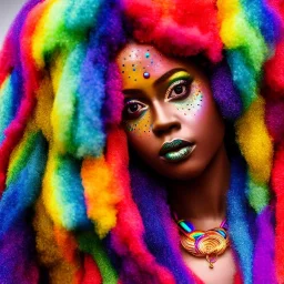 full body shot, masterpiece, best quality, rainbow skinned, adult woman, golden necklace, sparkling eyes, fluorescent skin, colorful makeup, afro, highly detailed body, afrofuturism, scifi, sun light, 4K, RAW, depth of field, high contrast, realistic details, 24mm