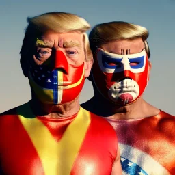 Realistic image of Donald trump wrestler, Mexican wrestling style, Mexican wrestling mask for eyes, red and blue breeches, glow us flag dress, suspenders, retro style, 80s, vibrant color, highly detailed, sky background, concept art, unreal engine 5, god rays, ray tracing, RTX, lumen lighting, ultra detail, volumetric lighting, 3d, finely drawn, high definition, high resolution.