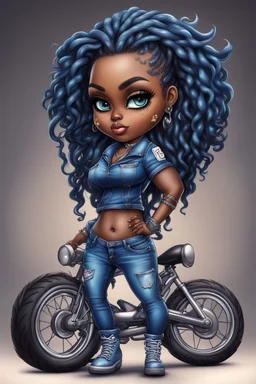 create an airbrush illustration of a chibi cartoon voluptuous black female wearing a blue jean outfit with biker boots. Prominent make up with hazel eyes. Extremely highly detail of a short and shiny twisted dreadlocks. Background of a bike show.