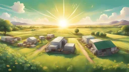 a high-quality digital artwork depicting a local production operation on one's own property, showcasing the process of creating sustainable goods without needing oversight or permission. The artwork portrays a picturesque landscape with a shining sun, vibrant green fields, and a well-organized production facility in the background. It emphasizes the concept of self-sufficiency and the freedom to undertake creditable tasks independently. The artwork uses a realistic style, capturing intricate det