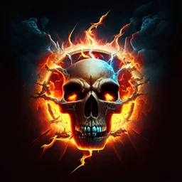 fiery fiery skull inside an ellipse and with lightning around it