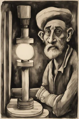 man with a turned-on spotlight for a head; ink wash; Hundertwasser; Cezanne; Gauguin.