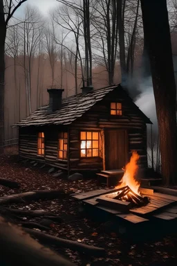 cabin out in the woods with bonfire