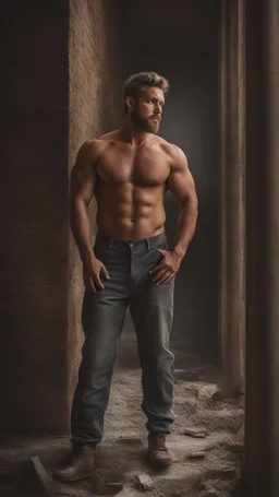 massive strong burly beefy italian bricklayer painter 33 years old, short hair, short blond beard, shirtless in bulging overalls, big shoulders, big calves, barefeet, photorealistic, side light, inside a dark building under construction