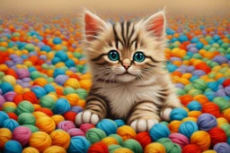 cute chibi kitten in colourful, soft cotton yarn balls in sunshine Weight:1 surrealism Salvador Dali matte background melting oil on canvas Weight:0.9