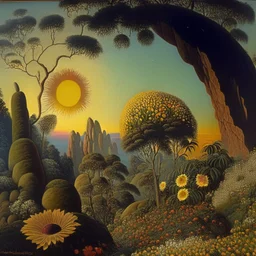 High definition photography of a marvelous landscape, trees, flowers, giant sun, intricate, rock formations, atmosphere of a Max Ernst painting, Henri Rousseau, thoughtful, interesting, a bit appalling, smooth