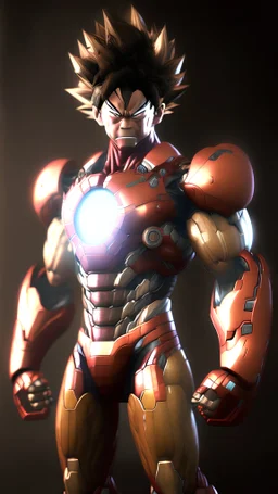 ironman become son goku dragonball, ultra realistic, 4k, ultra detail, full body
