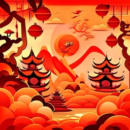 chineese background for game, orange, red colors with traditional elements, stylized