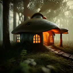 Misty woods, mushroom house, dark morning light