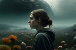 woman looking straight ahead in the foreground, a rain of flowers falls on her, in the background you can see a huge gray planet approaching the earth, reference to the film Melancholy by Lars von Trier