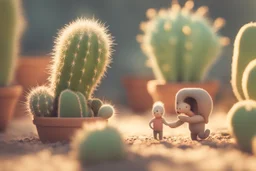 cacti garden, two cute fluffy chibi creatures, one kneeling and planting cacti, the other watching with arms folded in sunshine, ethereal, cinematic postprocessing, dof, bokeh