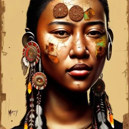 native American portrait, rust, scaffolding, iron cladding, decay, mixed media, dark textured, anatomically correct, beautiful perfect face, sharp focus, highly detailed