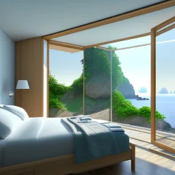 Une chambre à coucher de 4 x 3.2 metres, avec une grande baie vitrée de 2.70 metres, avec vue sur jardin avec la mer en bas du jardin au dessus d'une petite falaise. Décoration moyen-orientale de la chammbre.