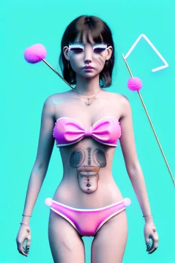 Ultra Realistic image, woman with muppet bikini dress, portrait, normal complexion, natural small busty, traditional big Japanese tattoo, two bows, little chopsticks hair ,black eye long liner, inflatable, gold pink and blue style, spray line glow make up, geometric led jewelry, fog, hot, inflatable style latex coat, vibrant color, highly detailed, art stations, concept art, smooth, unreal engine 5, god rays, ray tracing, RTX, lumen lighting, ultra detail, volumetric lighting.