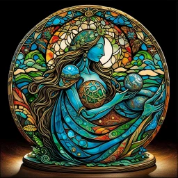 🔥 PROMPT: A surrealistic art piece featuring Mother Earth cradling Planet Earth in her arms. The sculpture is intricately carved from interlacing wood, with stained glass inlays that illuminate the artwork. The filigree design draws inspiration from Irish folk art, blending the styles of James Rizzi, Mary Anning, Rufino Tamayo, and Carl Kleiner. Set against a dark background, the illuminated sculpture installation presents a stunning fusion of nature and art, with detailed craftsmanship and vib