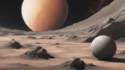 From the vastness of space, a mesmerizing planet comes into view. Its surface is a tapestry of reddish and black hues, a stark testament to its volatile nature. A stunning ring of rocky debris encircles the planet, casting fleeting shadows upon its desolate landscape. Two moons gracefully orbit, silent companions against the cosmic backdrop. In the distance, a colossal gas giant commands attention, its swirling clouds of mystery contrasting against the glow of a crimson sun, painting an otherwor
