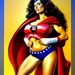 portrait of busty atletic young beautiful Superwoman horseriding Boris Vallejo styles