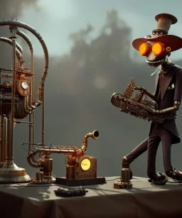 happy mechanoid person playing jazz with a steampunk theme, realistic