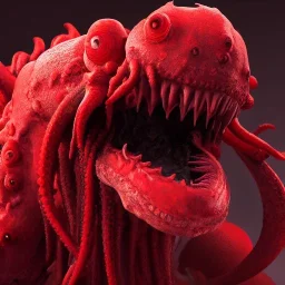 red, tentacles, a lot of eyes, teeth, monster, horror, blood, huge, scary, hyperrealism, gore, masterpiece, expert, volumetric lighting, deformed, sharp focus, 8K