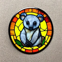 round coaster of koala with stained glass window effect, highly detailed, intricate, warm colors, stained glass window, glossy from rain, warm lighting, dramatic lighting